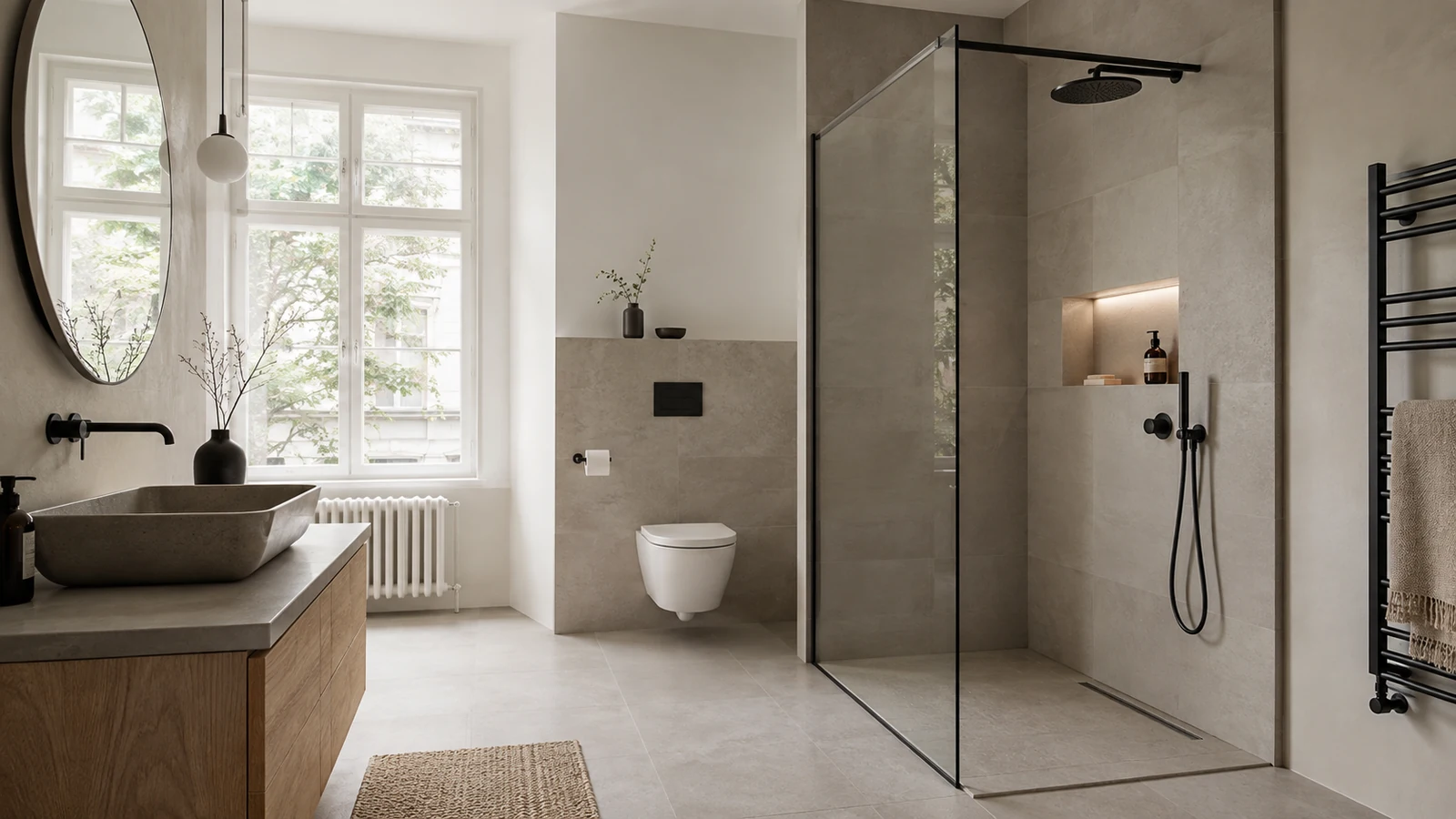 Saniertes Altbaubad mit gefliester, bodengleicher Dusche
