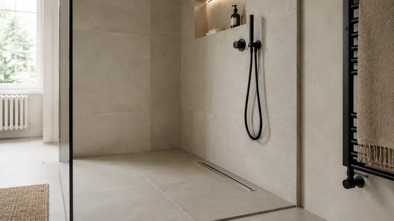 Dusche statt Wanne: ebenerdige Dusche mit Rinnenablauf hinter einer Glasscheibe