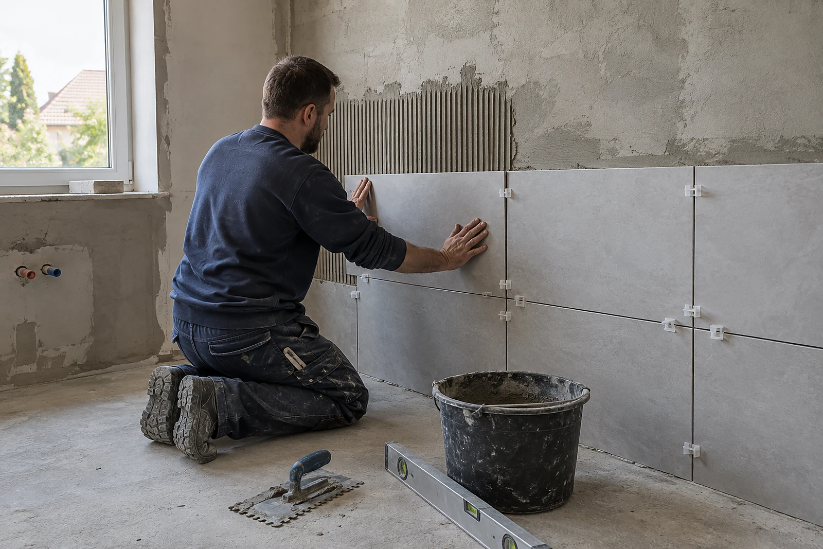 Handwerker setzt in einem kleinen WC-Raum eine Wandfliese in den frisch gekämmten Kleber