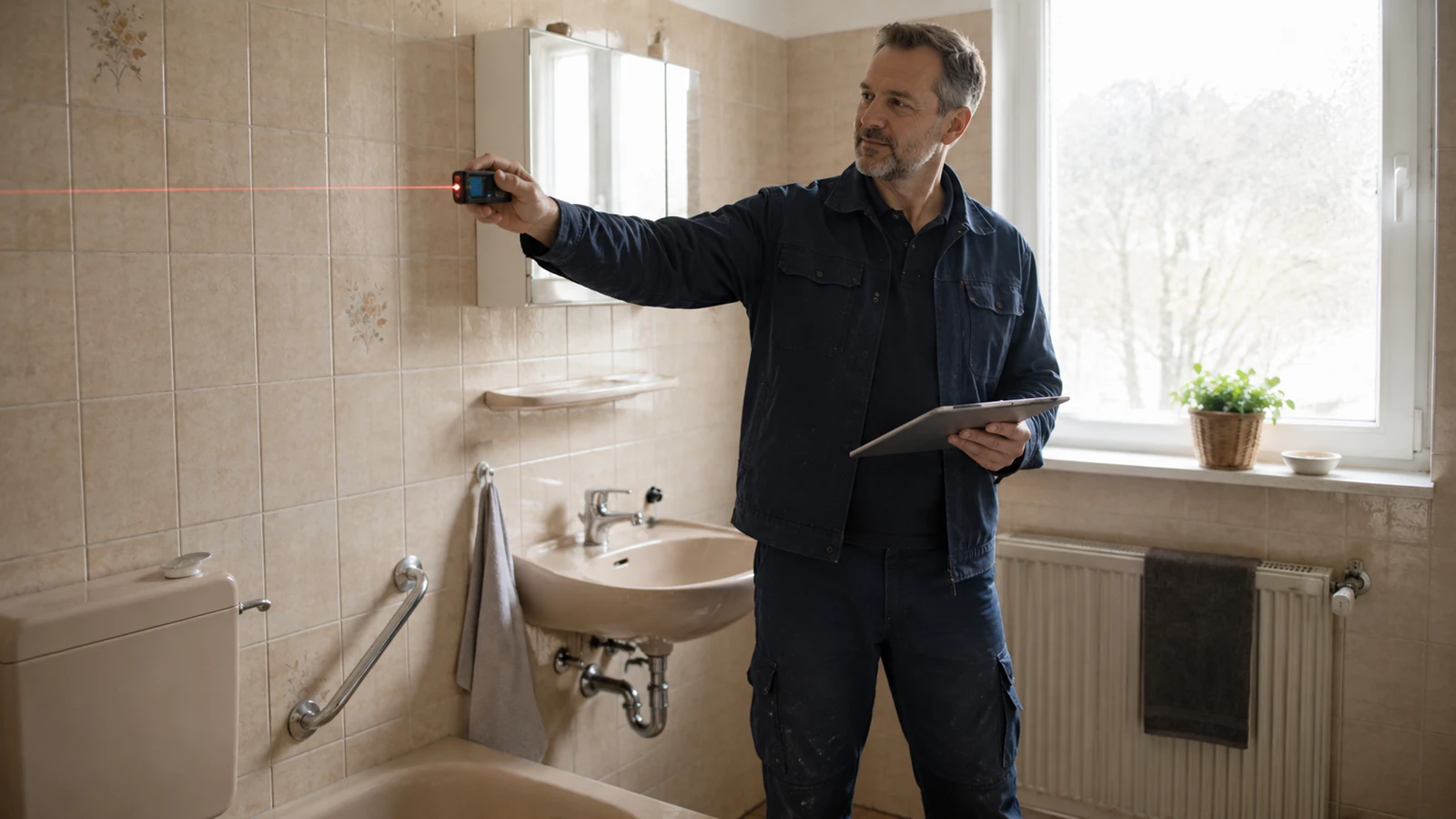 Lasermessung der Wandmaße in einem Bad vor der Sanierung