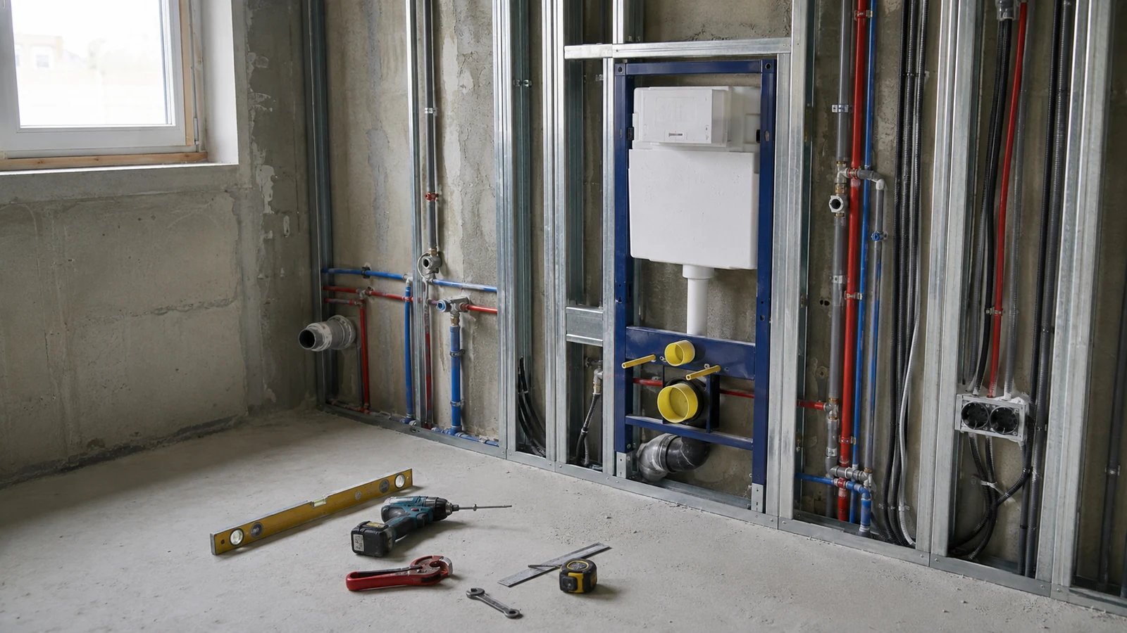 Rohinstallation im Bad: Vorwandelement und frisch verlegte Leitungen vor dem Verfliesen