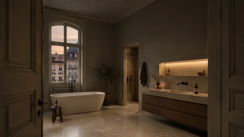 Bad modernisieren: renoviertes Badezimmer in warmem Abendlicht
