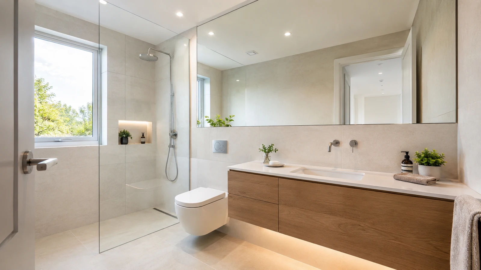 Neues Bad mit wandhängendem WC und bodengleicher Dusche hinter einer Glasscheibe