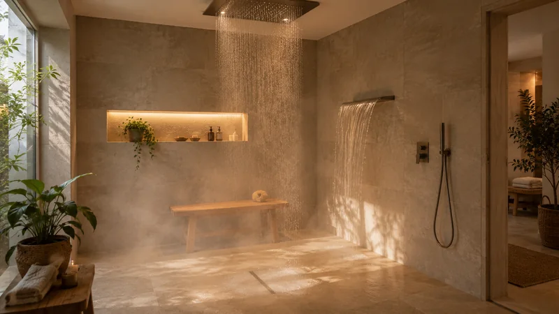 Fugenloses Bad: geräumige Dusche mit Regenbrause und fugenloser Wandfläche am Abend