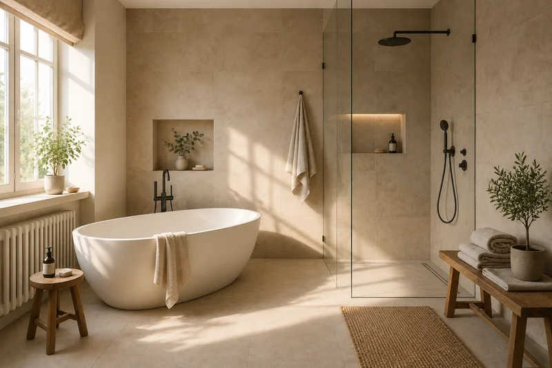 Frei stehende Badewanne neben einer begehbaren Dusche