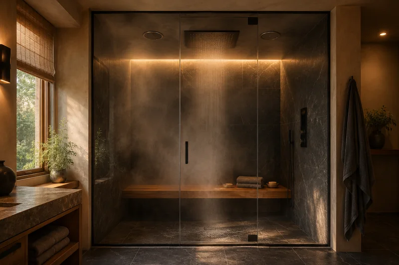 Dampfdusche mit Lautsprechern in der Decke und einer Bank aus Teak
