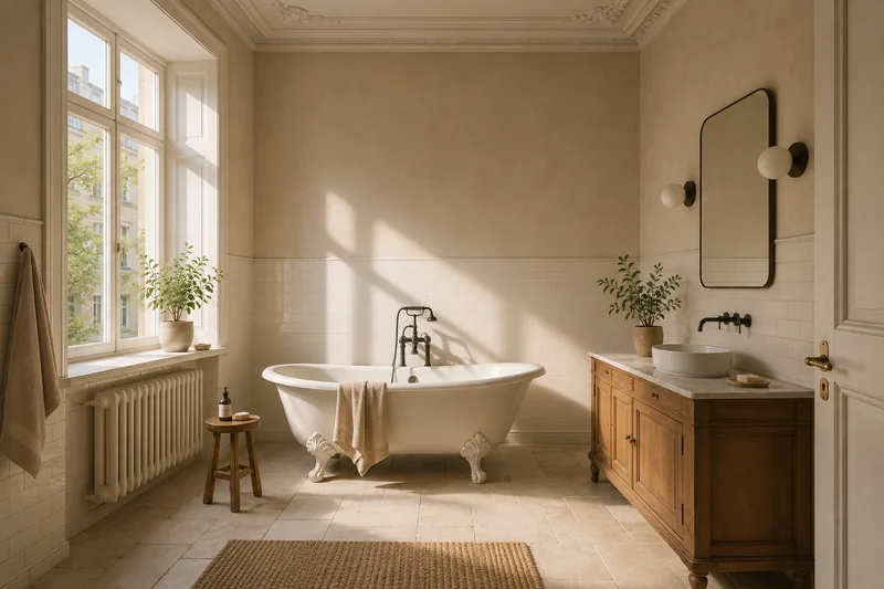 Altbaubad mit hoher Stuckdecke und frei stehender Badewanne