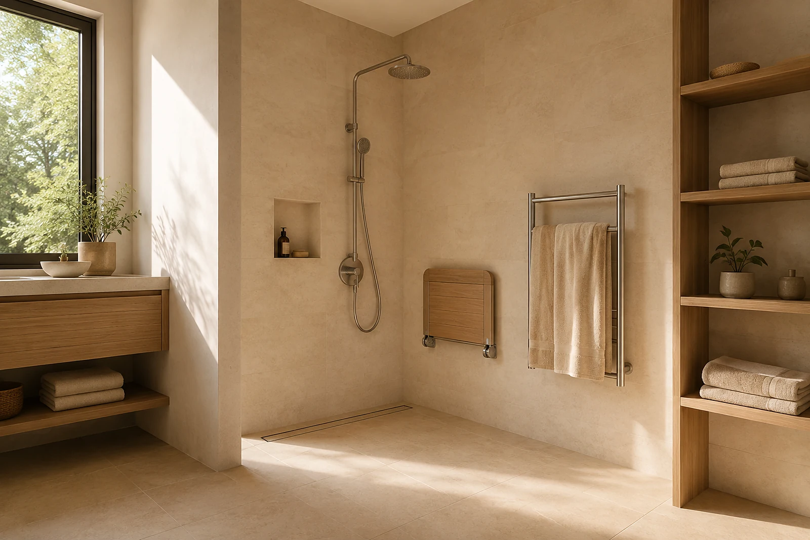 Klappsitz und Haltegriff an der Wand einer bodengleichen Dusche