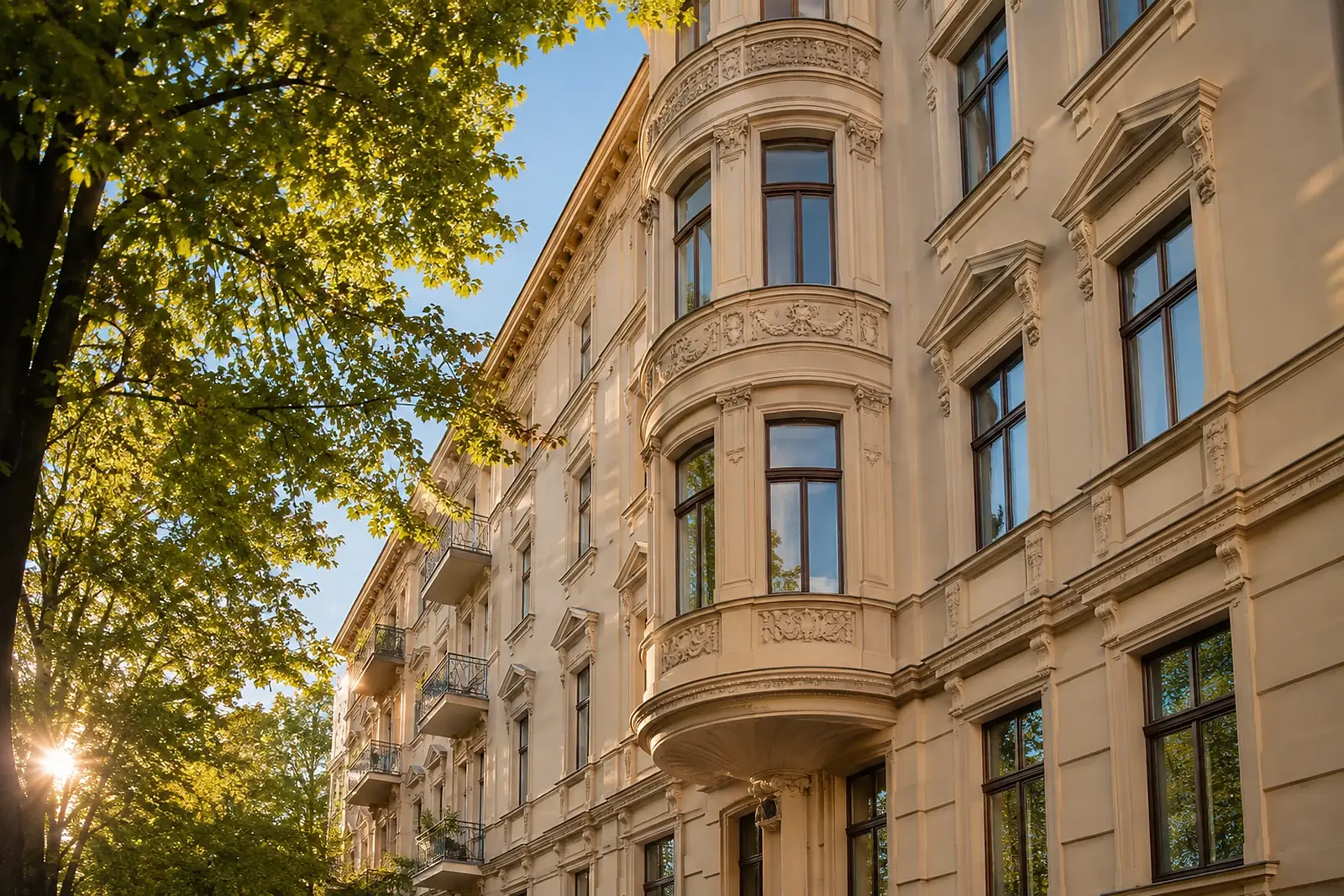 Gründerzeitfassade mit rundem Erker nach der Sanierung