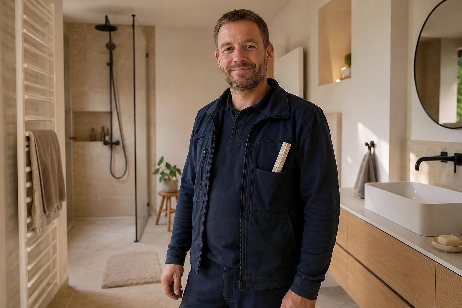 Handwerker im fertigen Bad, den Zollstock in der Brusttasche