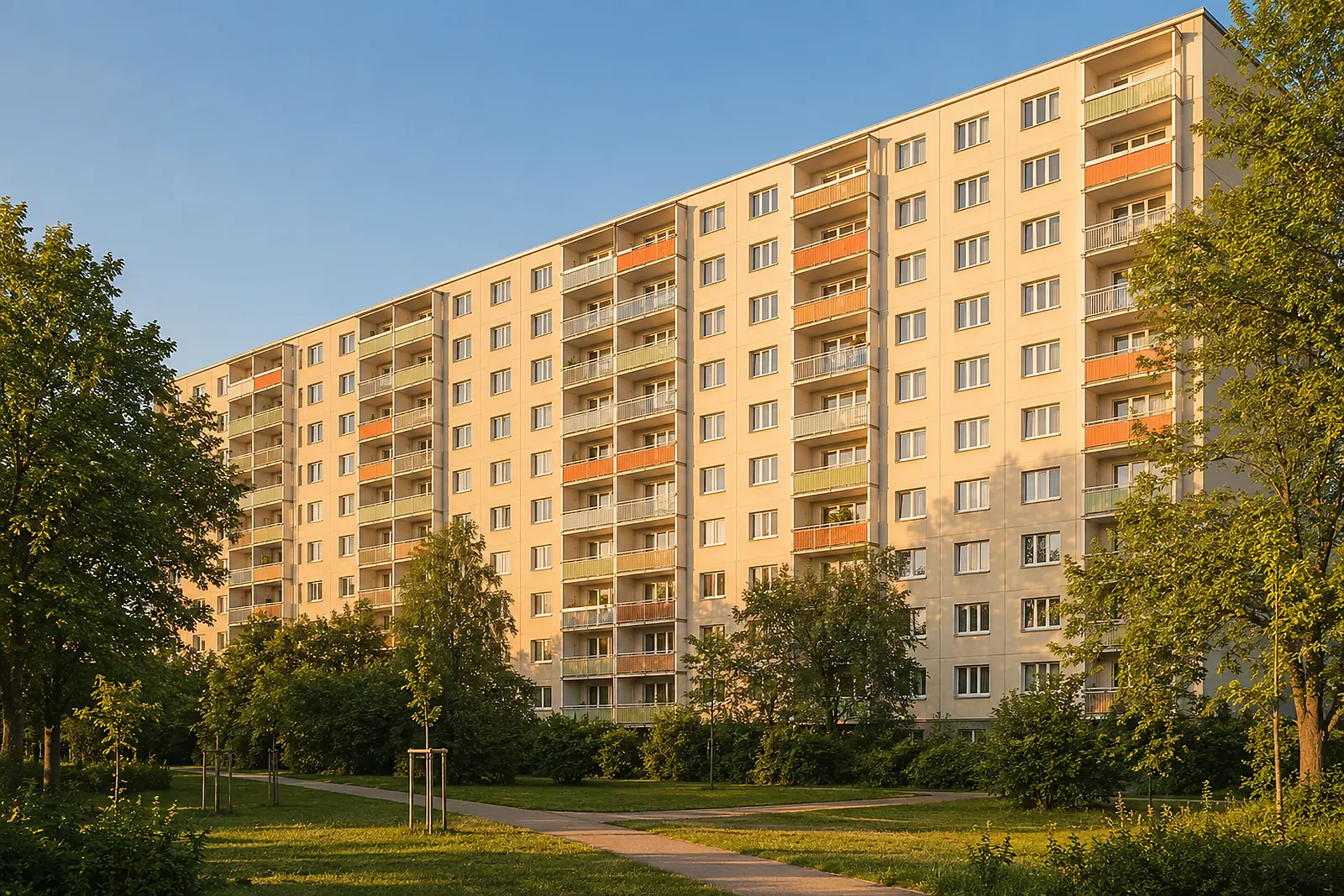 Badsanierung Silberhöhe: Wohnblock in Plattenbauweise mit Balkonreihen