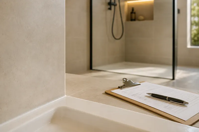 Abnahme im neuen Bad: frisch gezogene Silikonfuge an der Dusche