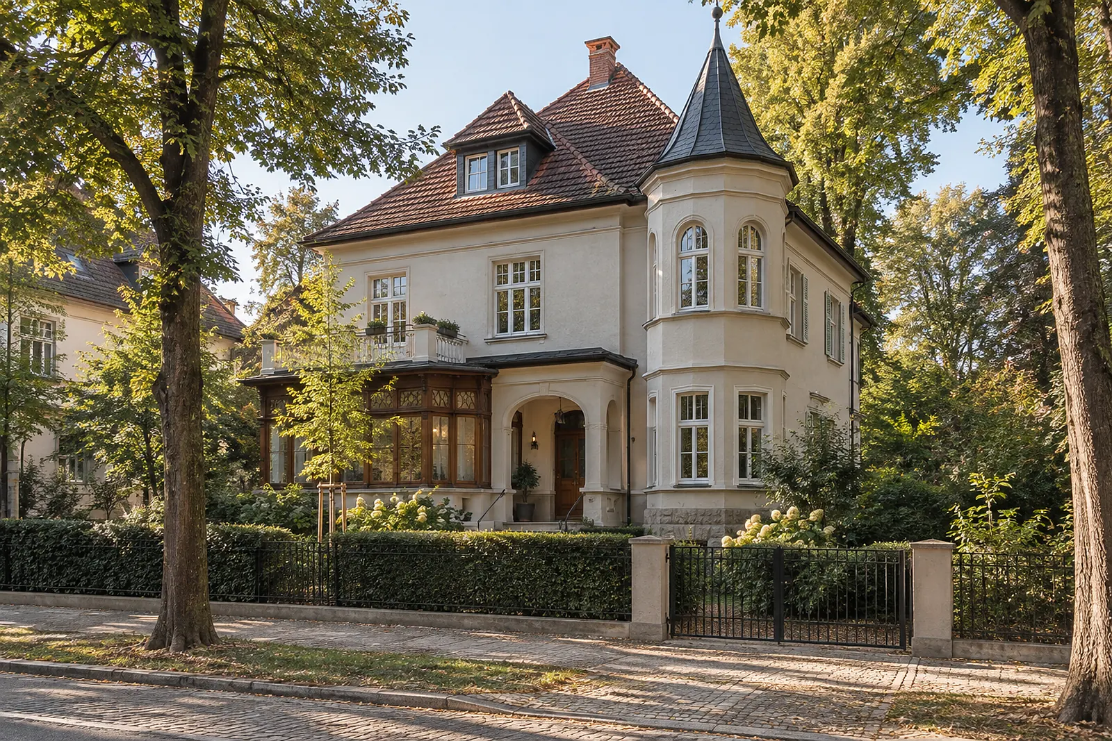 Frei stehendes Haus aus der Zeit um 1900, mit Veranda und Garten davor