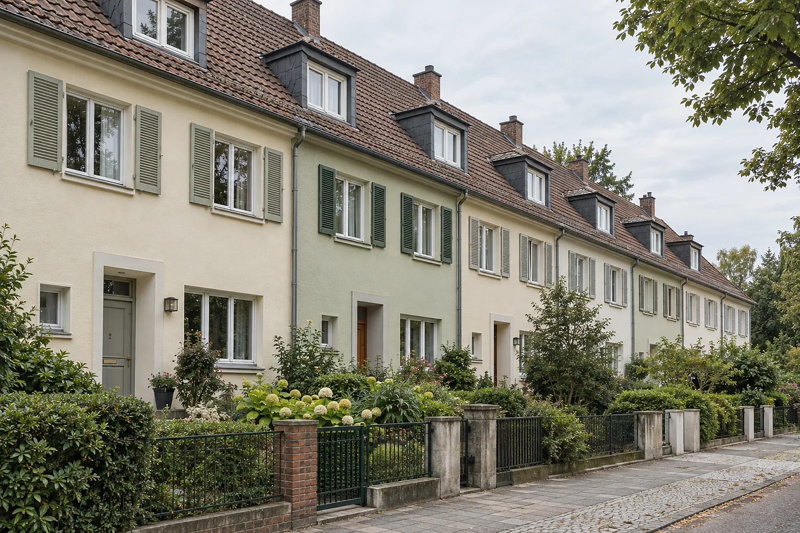 Reihenhäuser der Nachkriegszeit in einer Zeile, vor jedem ein schmaler Vorgarten