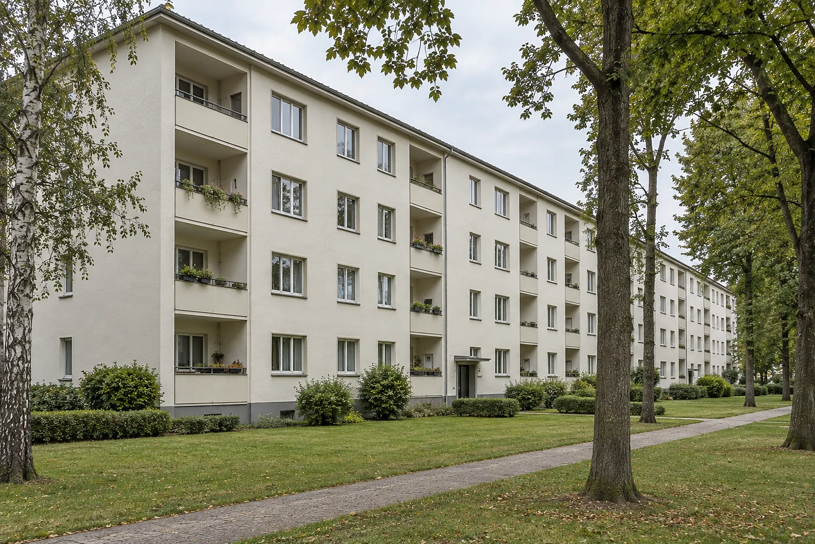 Wohnblock aus den fünfziger Jahren mit Loggien hinter einer Rasenfläche