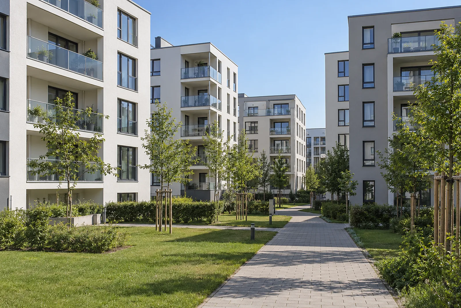 Wohnhäuser mit Loggien und frisch gepflanzten Straßenbäumen